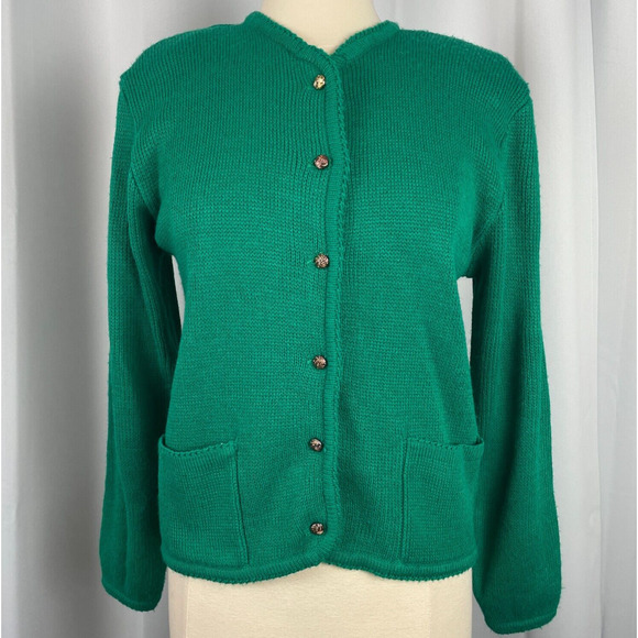 Vintage Cardigan Sweater Womens Size Small Kelly Green Button Knit Minimal 80s - Picture 1 of 13